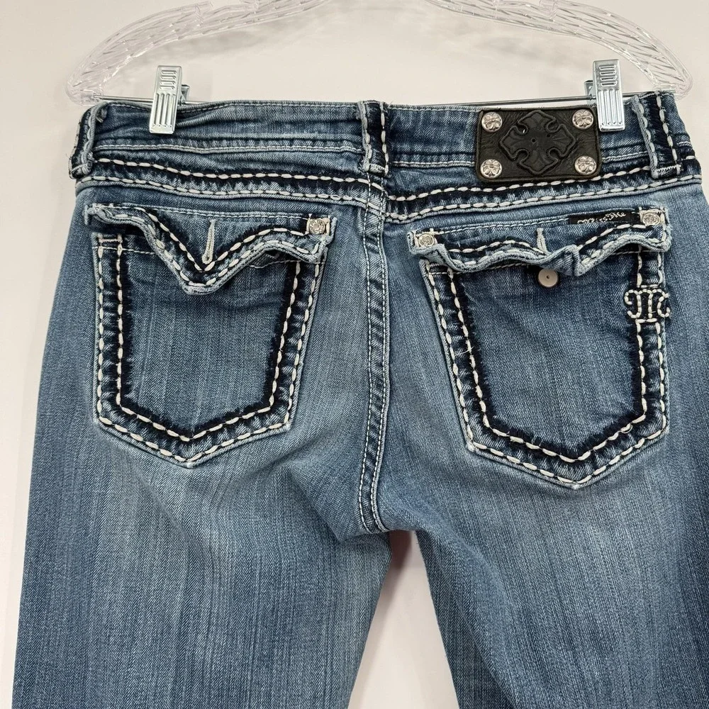 Miss Me Jeans Womens 31 Blue Bootcut Embroidered Distressed Stretch Mid‎ Rise
